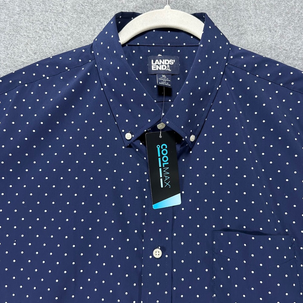 Lands End Button Down Shirt XL Navy Polka Dot COOLMAX Traditional Fit Preppy